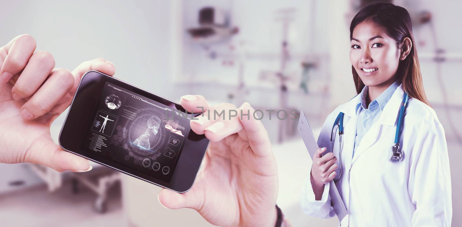 Asian doctor holding clipboard against medical biology interface in black