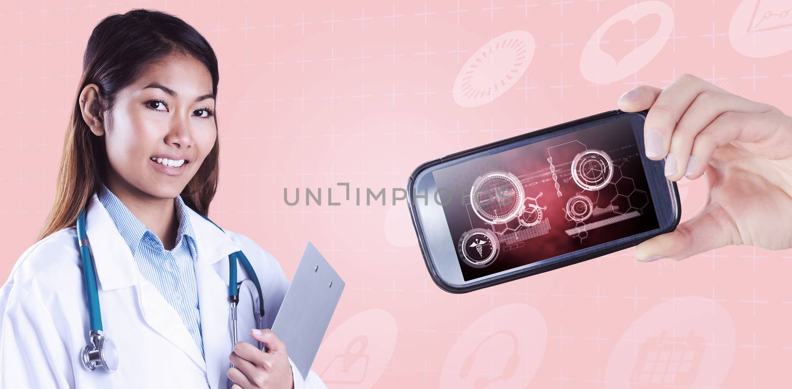 Asian doctor holding clipboard against medical biology interface in blue