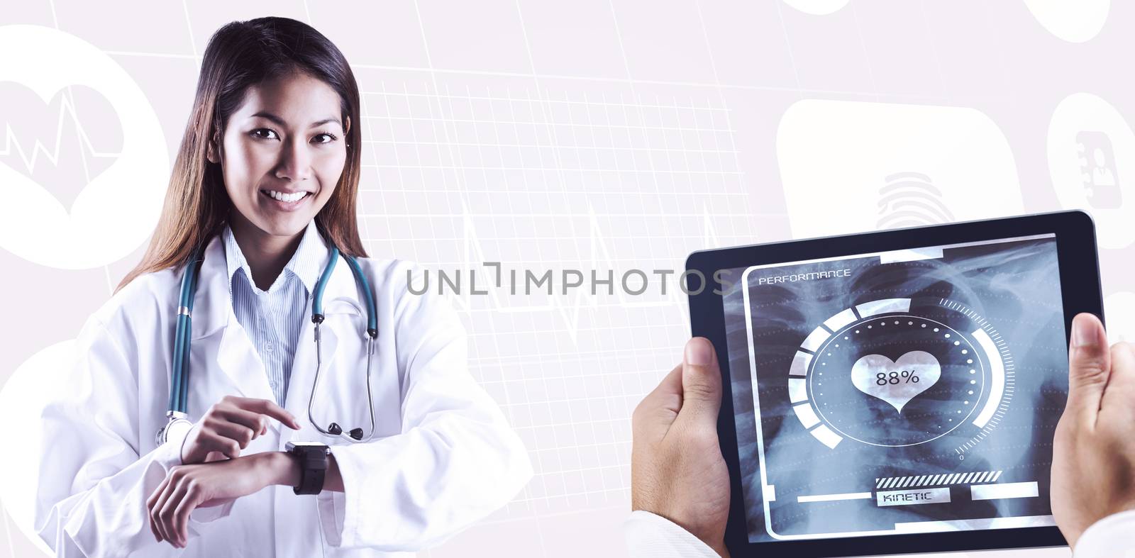 Composite image of asian doctor using her smart watch by Wavebreakmedia