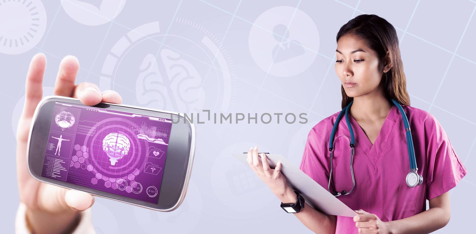 Asian nurse with stethoscope looking at the camera against medical biology interface in blue