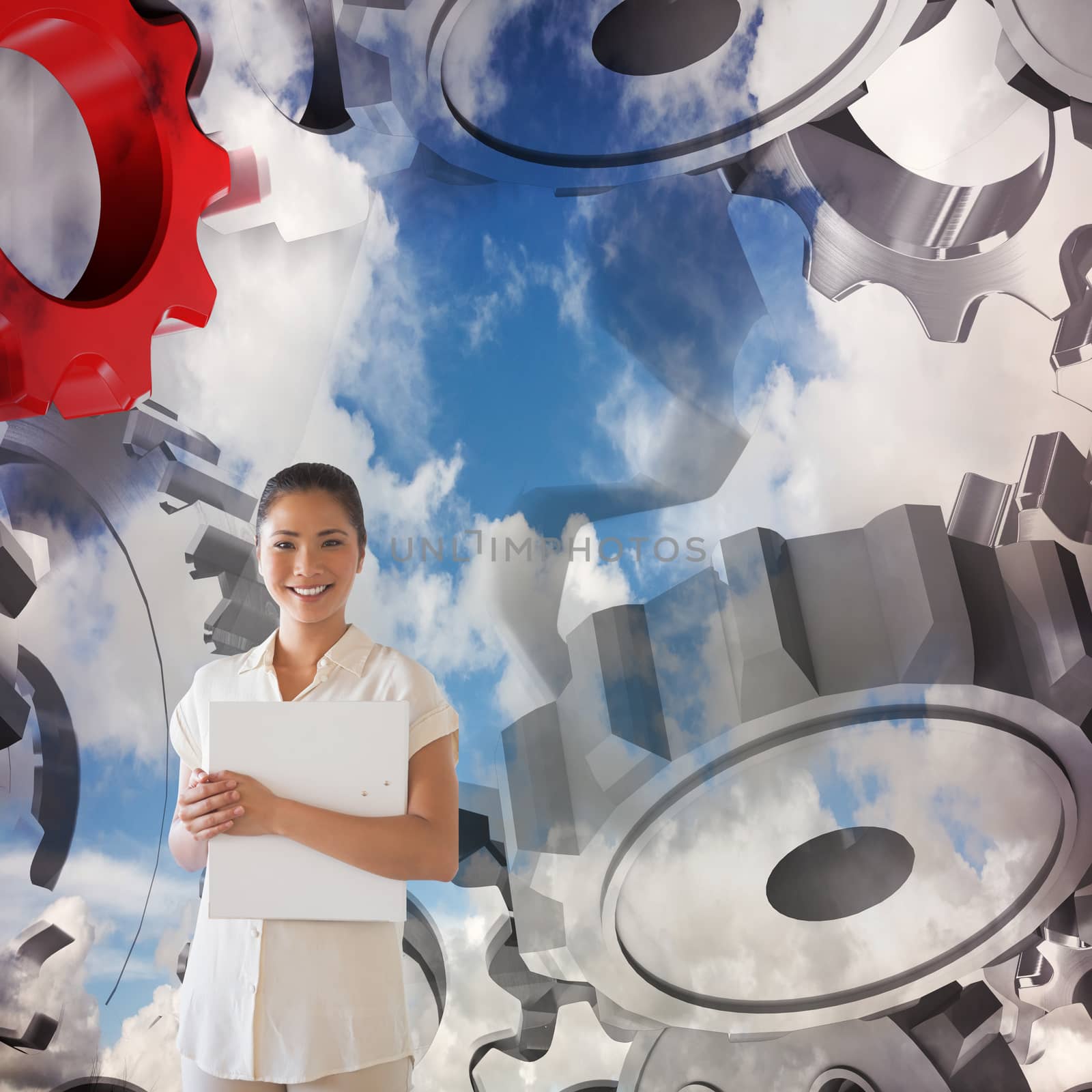 Casual businesswoman smiling at camera holding folder against blue sky with white clouds
