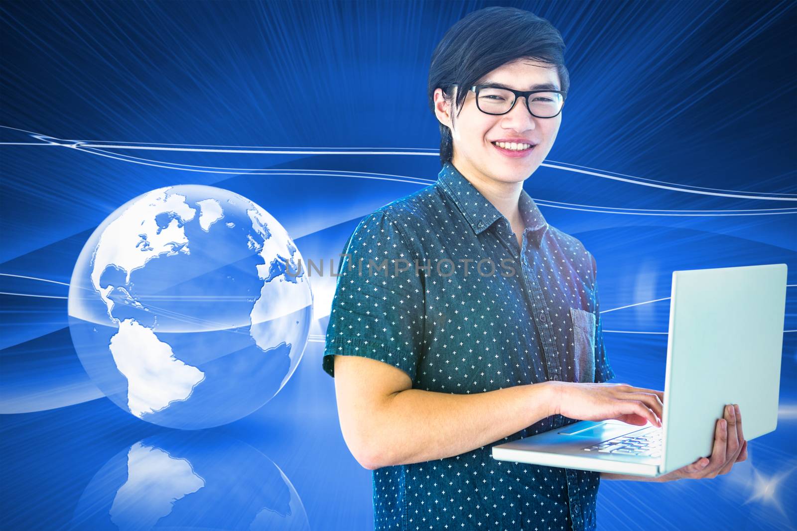 Smiling hipster businessman using tablet against global technology background