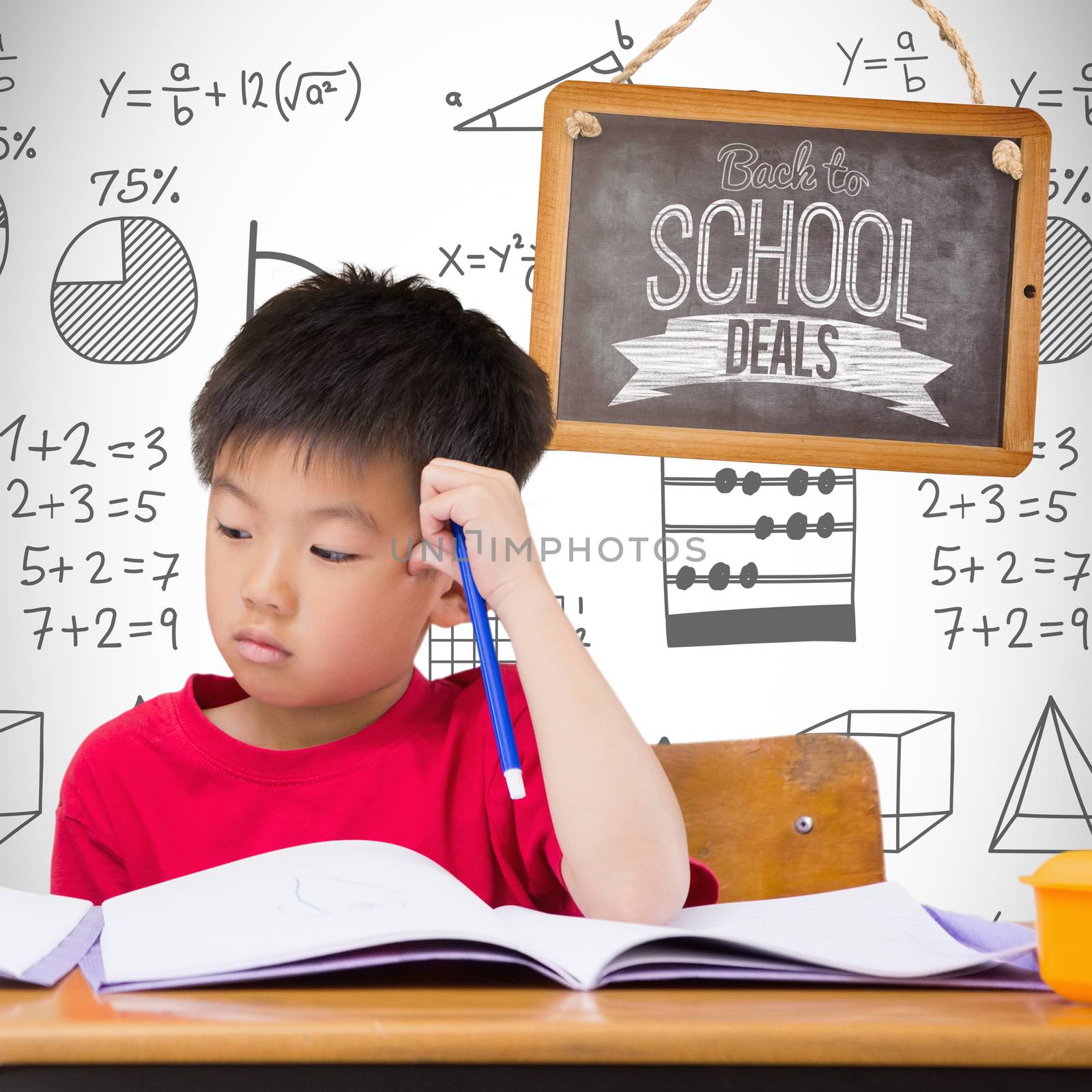 Cute pupils writing at desk in classroom against white background with vignette