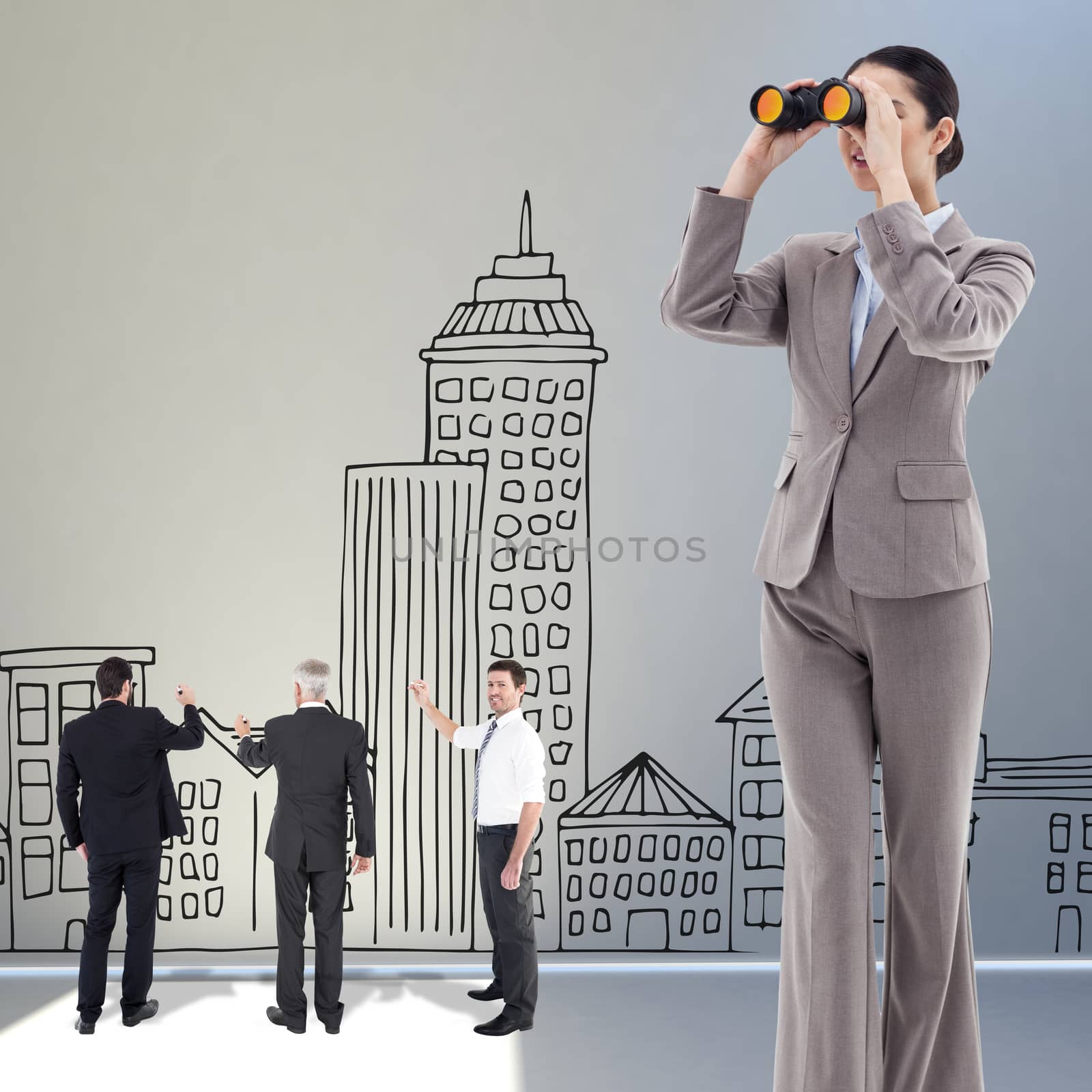 Composite image of portrait of a brunette businesswoman looking through binoculars by Wavebreakmedia