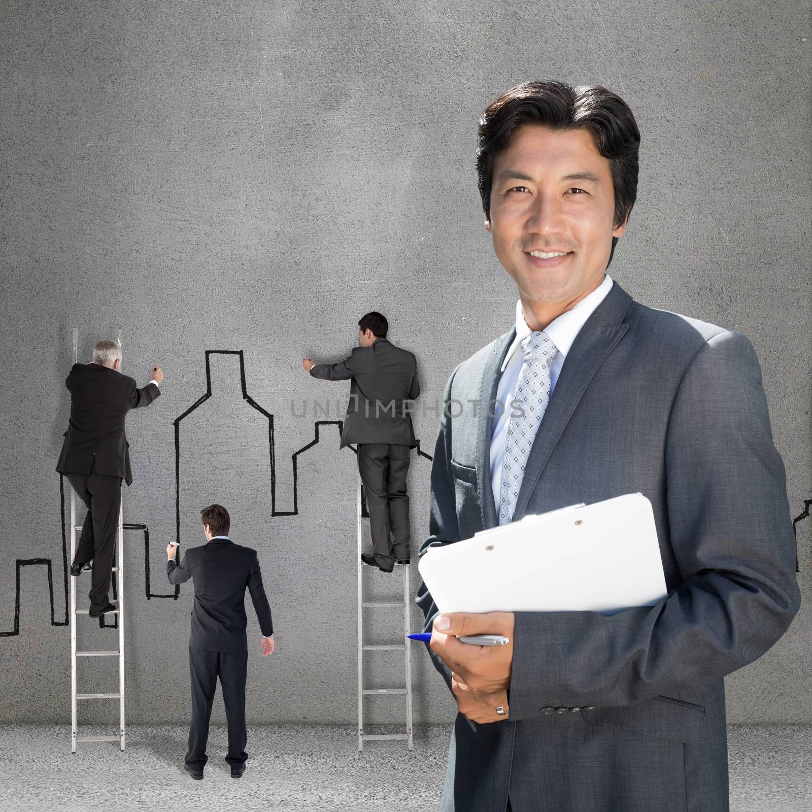 Confident estate agent standing at front door with clipboard against grey room