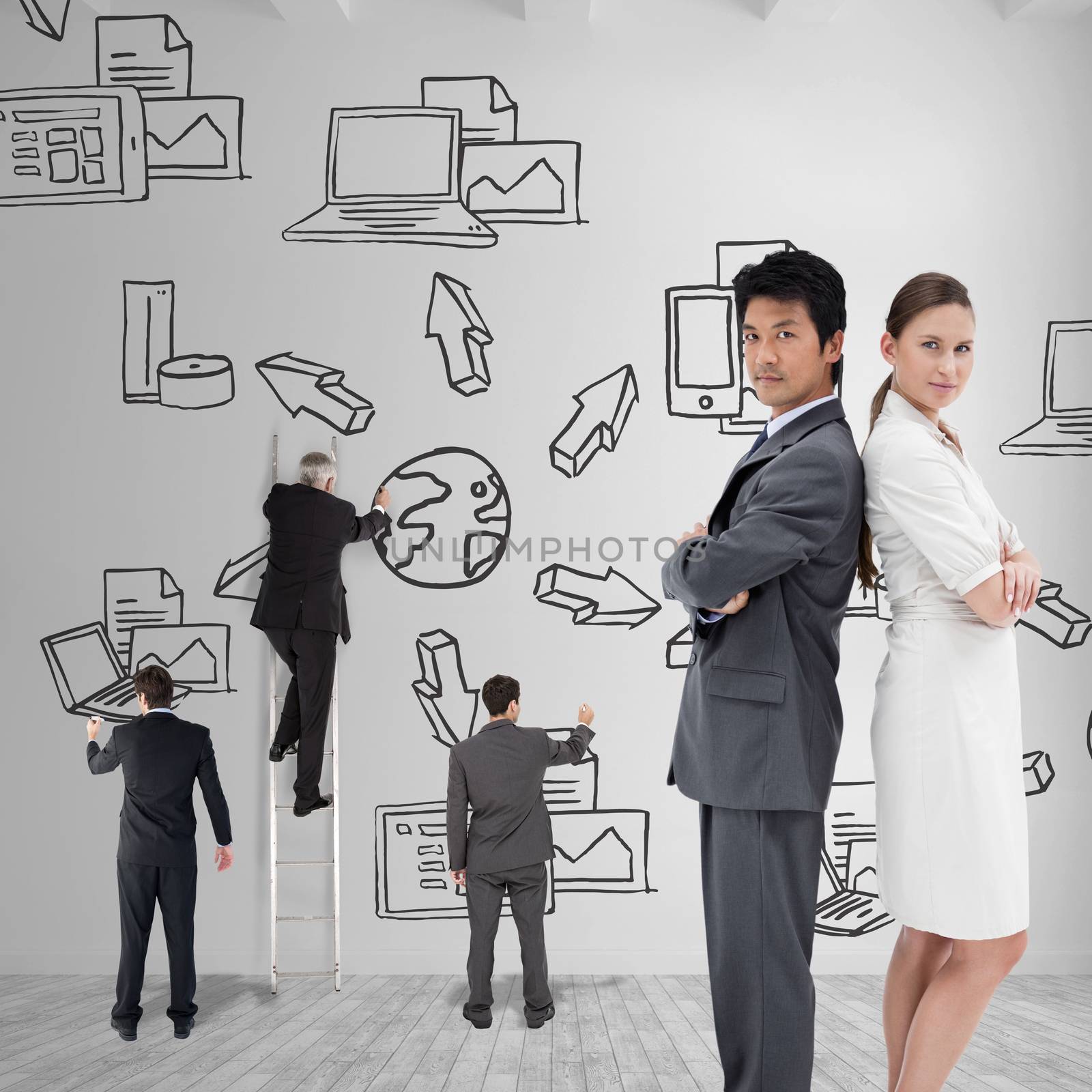 Portrait of business people standing back-to-back against bright white room