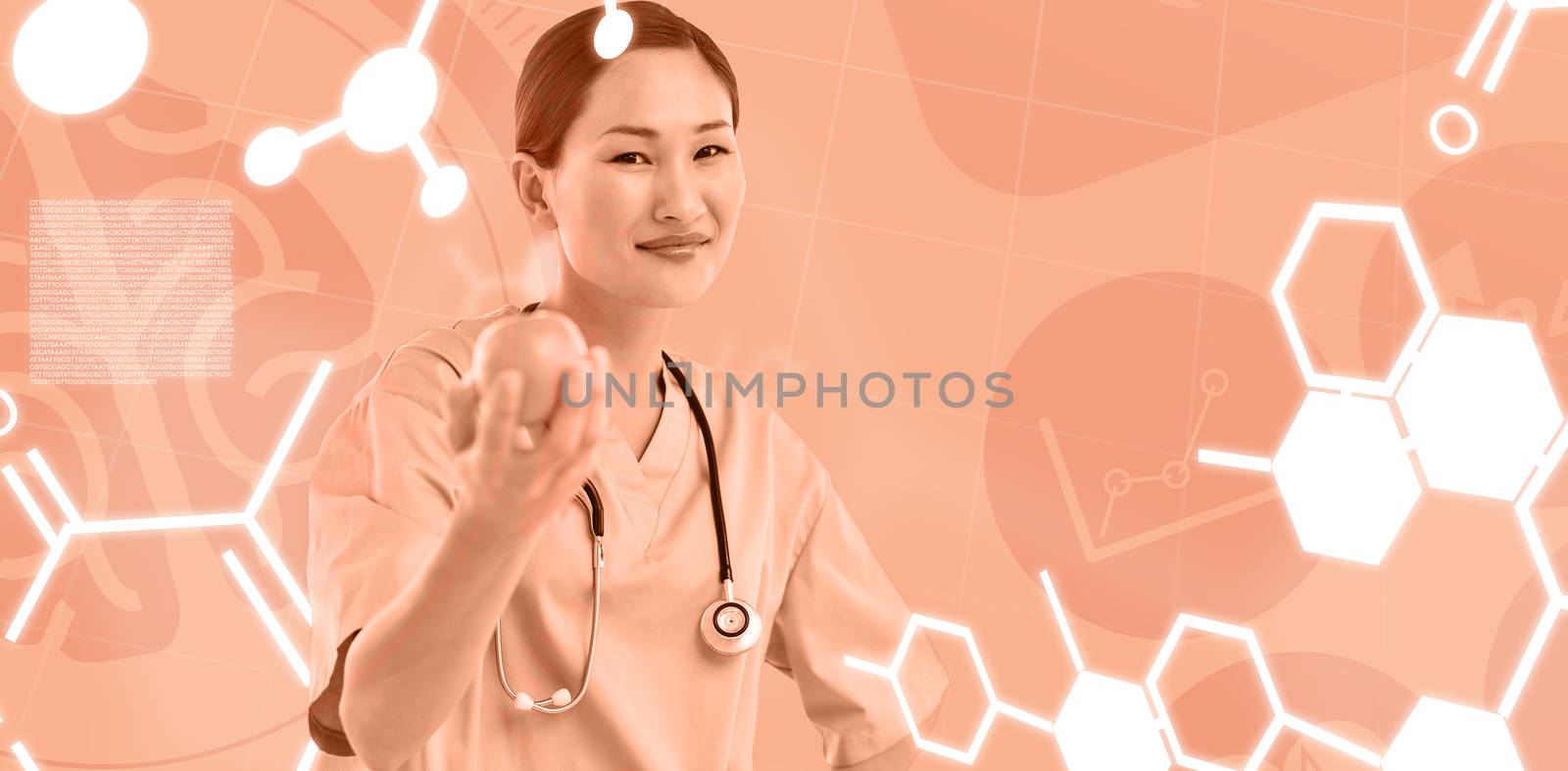 Composite image of smiling surgeon holding an apple with colleague in hospital by Wavebreakmedia
