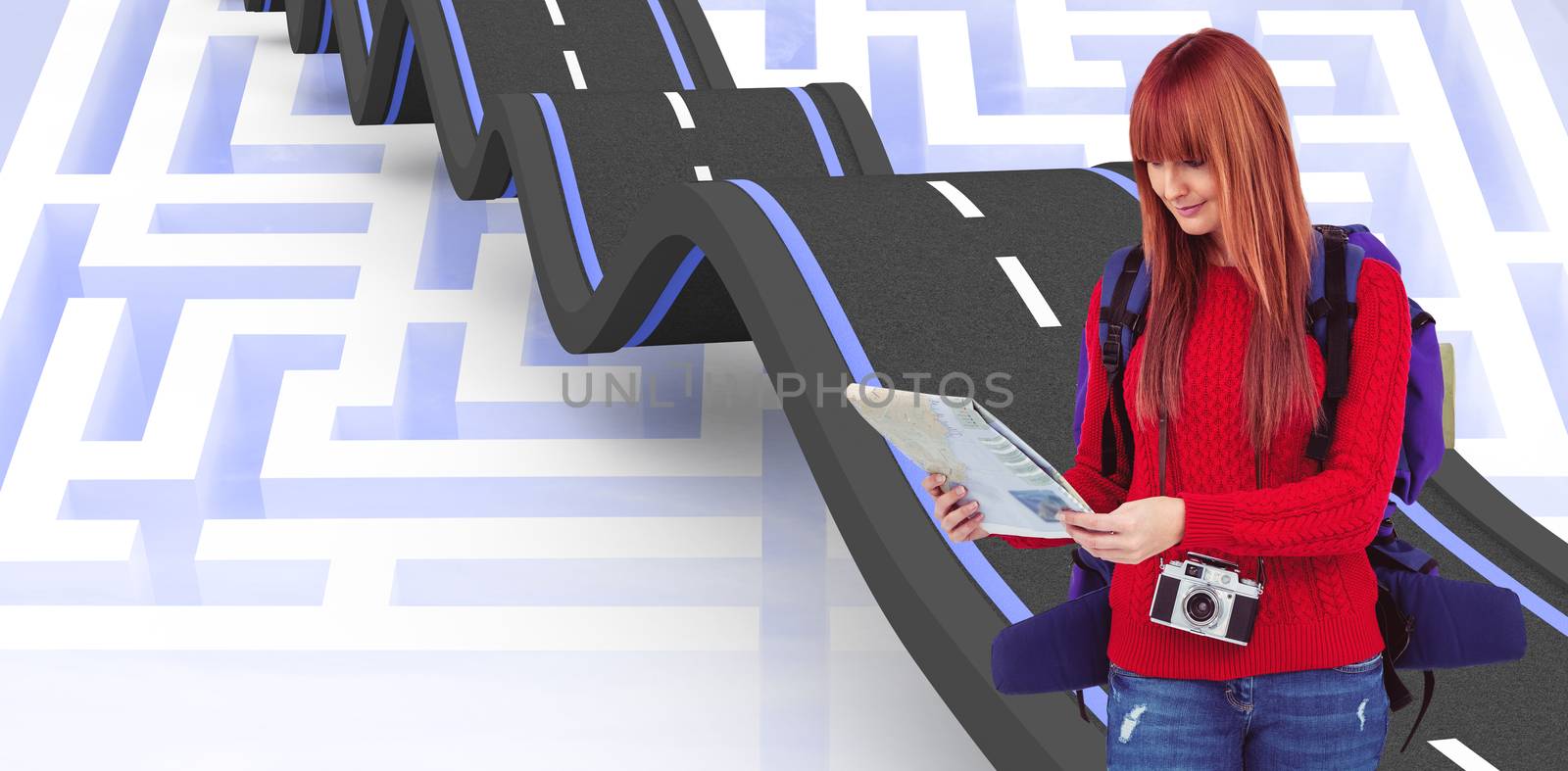 Composite image of smiling hipster woman with a travel bag with a map by Wavebreakmedia