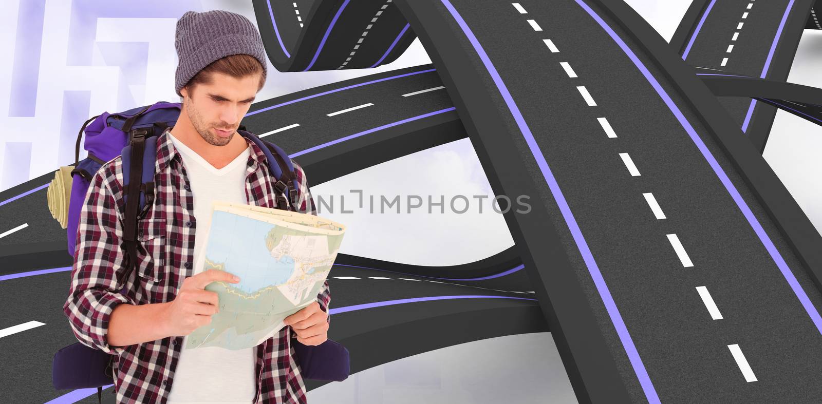 Man with luggage looking in map against purple background