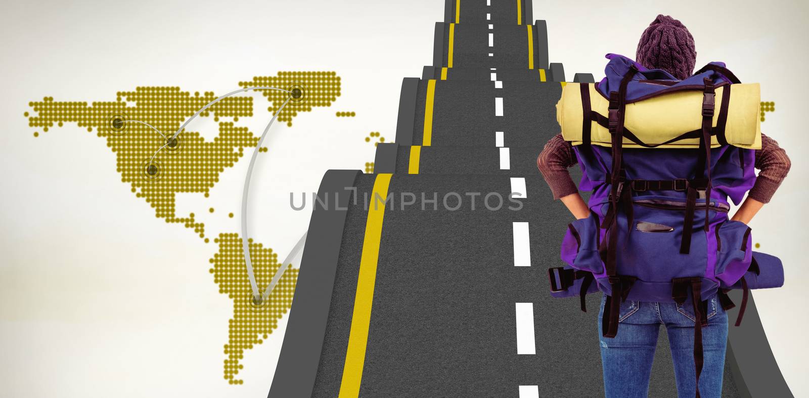 Rear view of a hipster woman with a travel bag against world map with lines