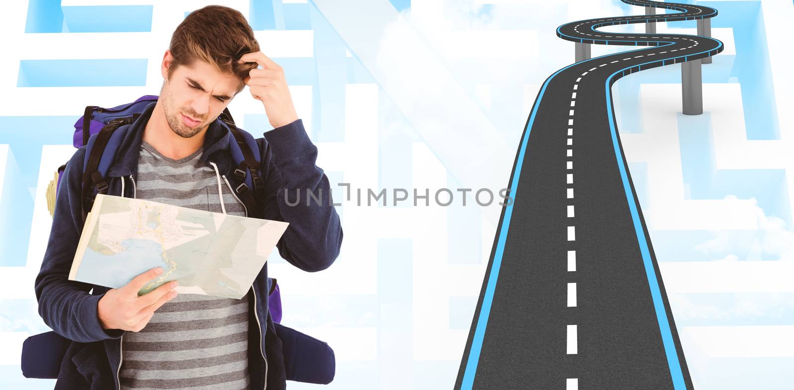 Composite image of man scratching head looking in map by Wavebreakmedia