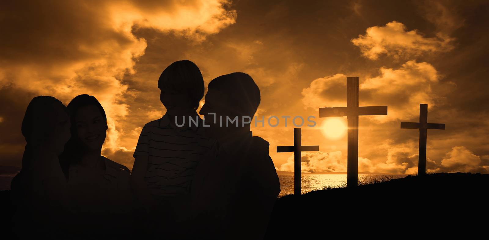 Mother and father carrying children over white background against cross religion symbol shape over sunset sky 