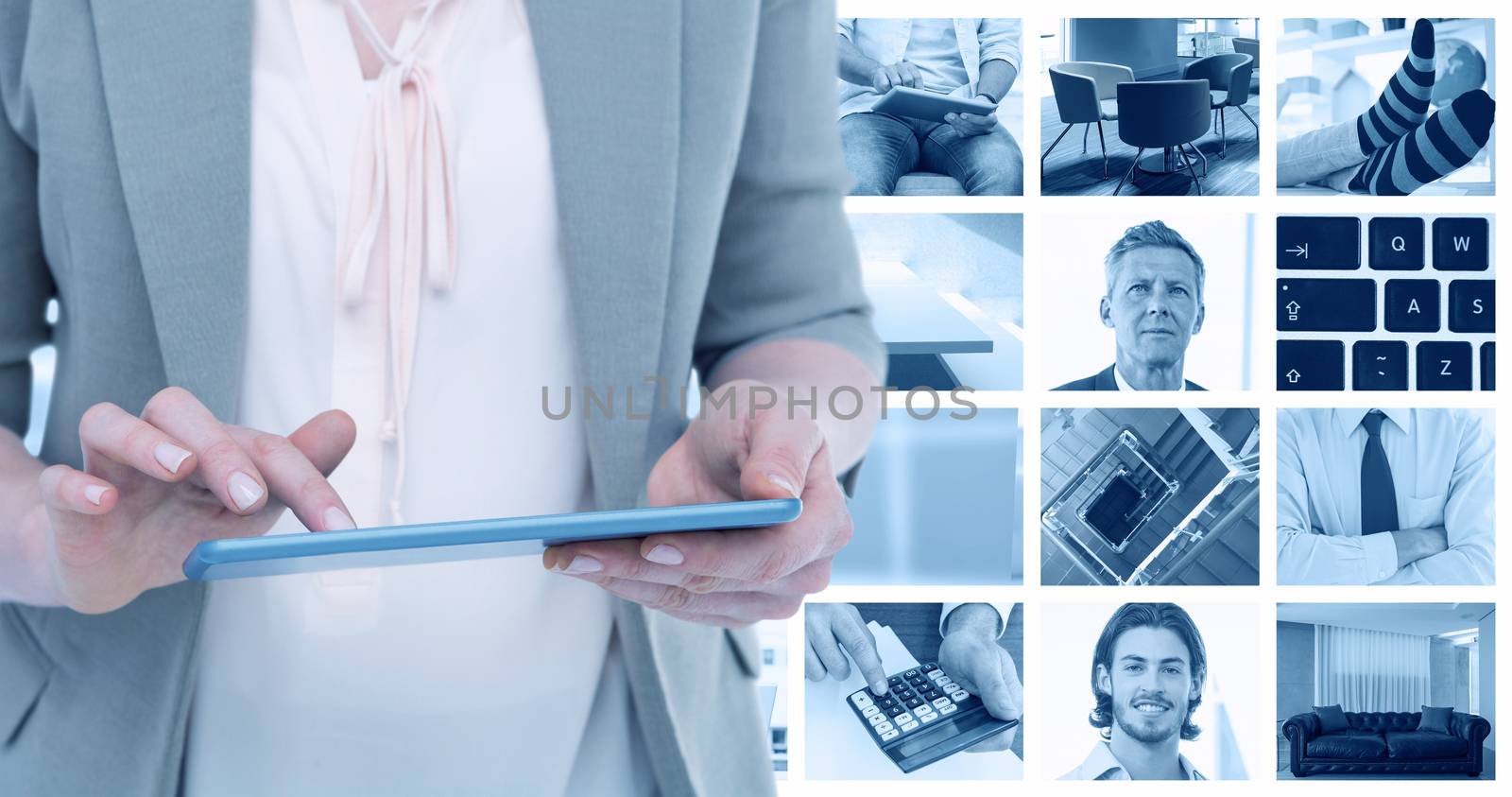 Close up of woman using tablet against composite image of businessmen using laptop