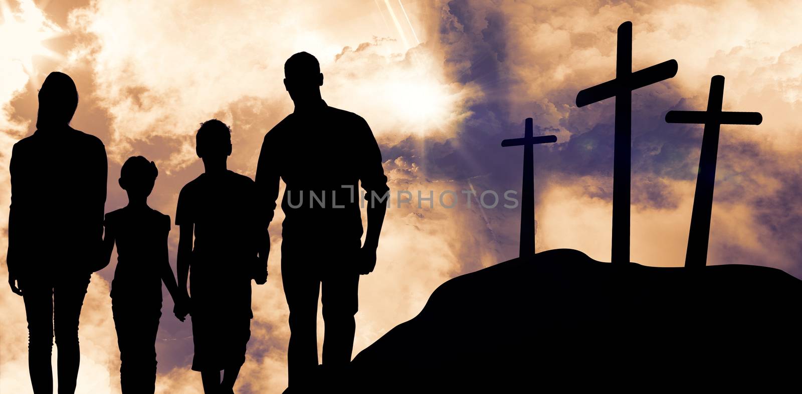 Portrait of happy family walking over white background against cross religion symbol shape over sunset sky 