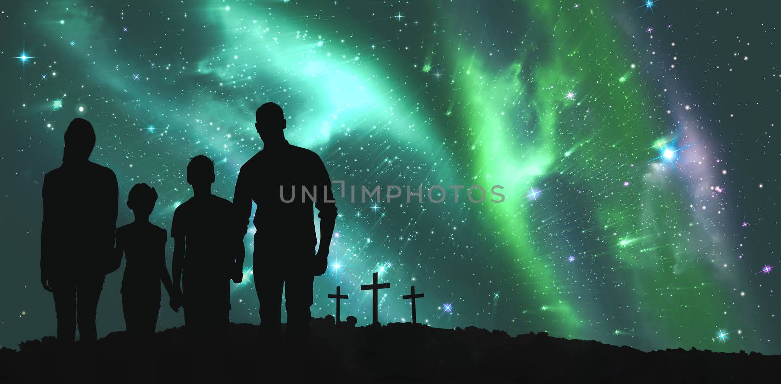 Portrait of happy family walking over white background against cross religion symbol shape over sky with aurora borealis
