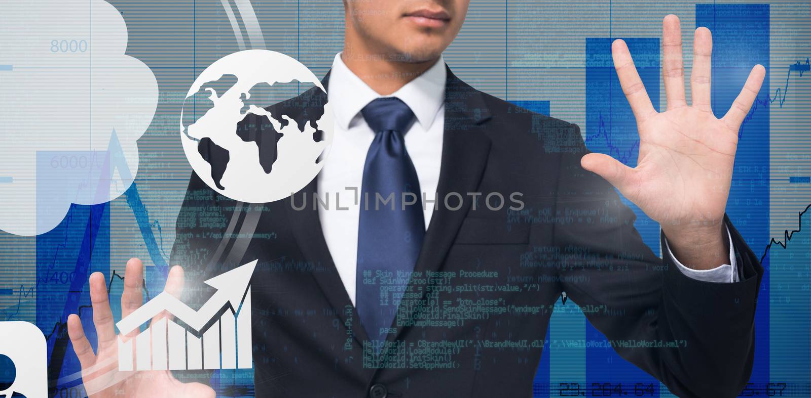 Unsmiling businessman touching against blue data