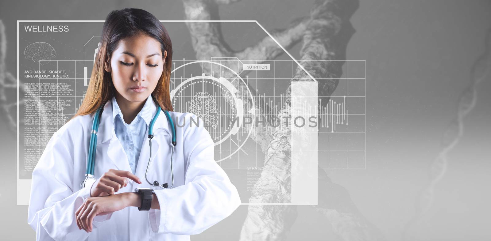 Composite image of asian doctor using her smart watch by Wavebreakmedia
