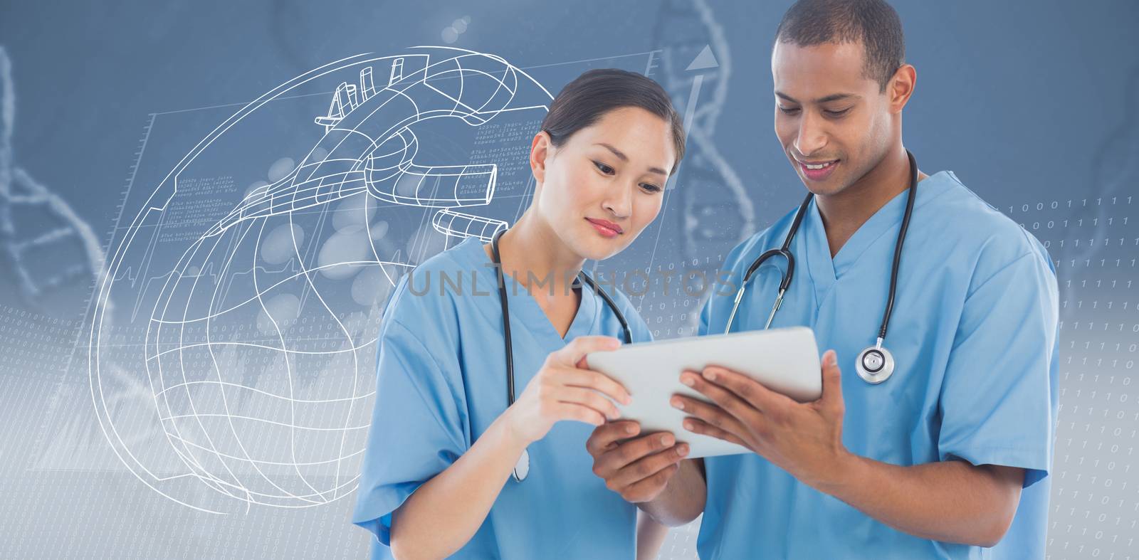 Composite image of surgeons looking at digital tablet in hospital by Wavebreakmedia