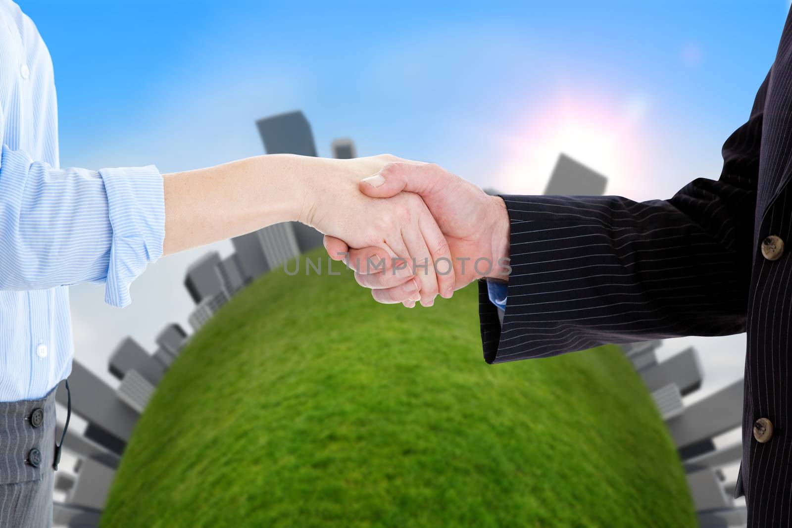 Close up of a business people closing a deal  against blue sky with white clouds