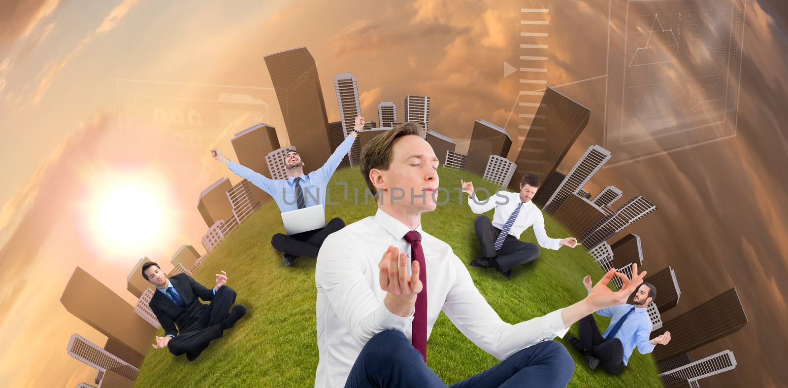 Zen businessman meditating in yoga pose against blue and orange sky with clouds Zen businessman meditating in yoga pose on white background