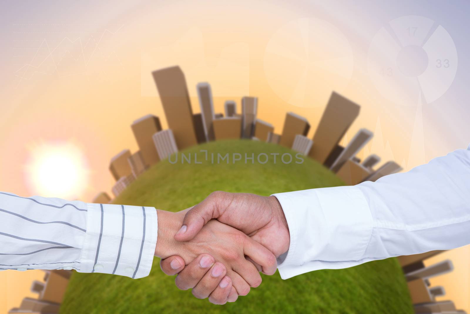 Business people shaking hands  against purple and orange sky