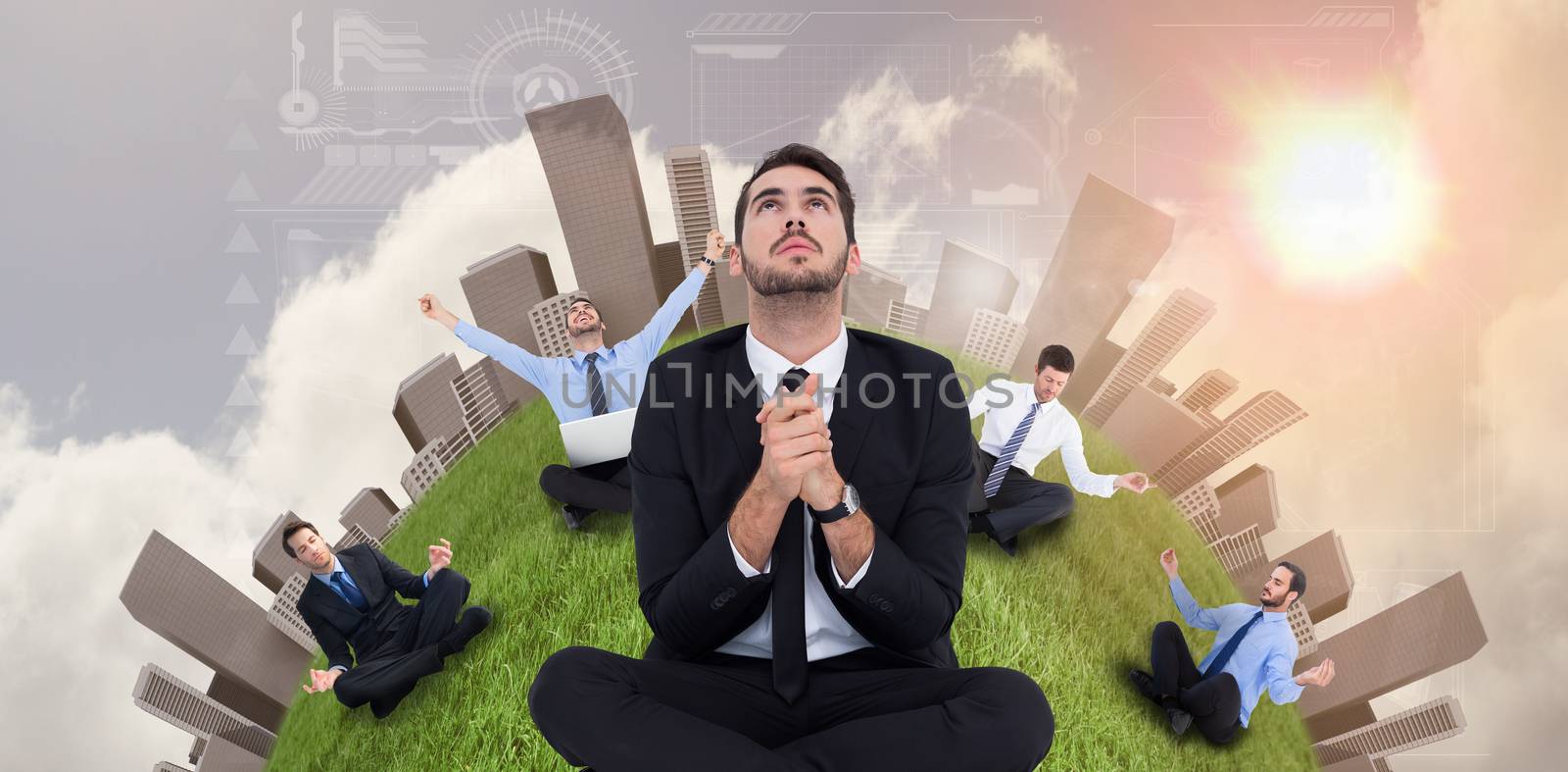 Businessman sitting praying and looking up against bright blue sky with clouds