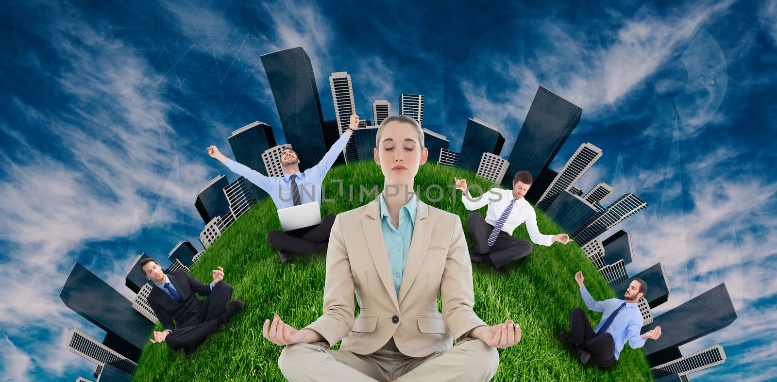 Businesswoman sitting in lotus position against view of the blue sky