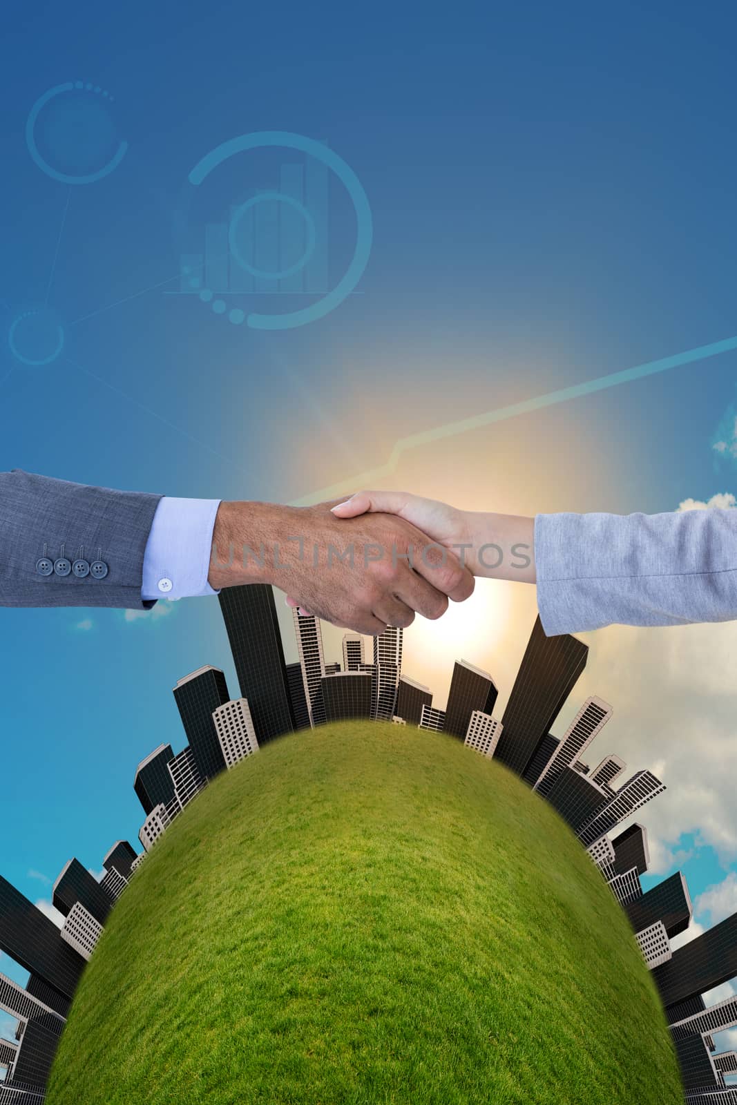 Business people shaking hands on white background against scenic view of blue sky