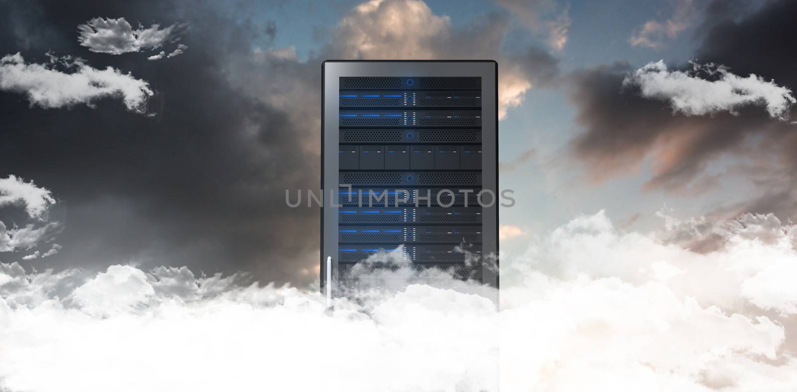 Server Tower against blue and orange sky with clouds