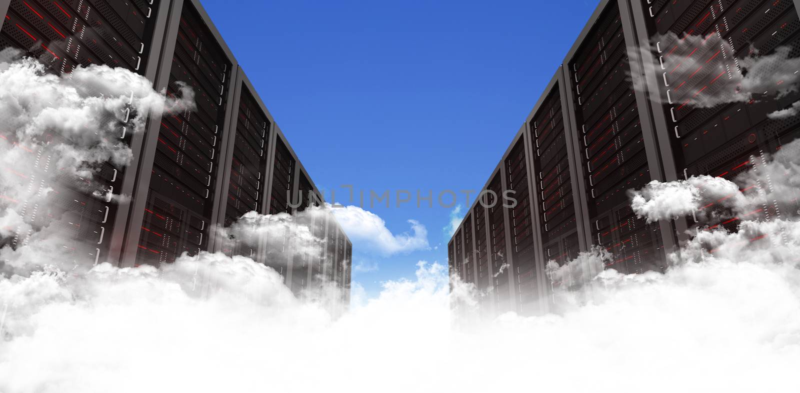 Server hallway against scenic view of blue sky