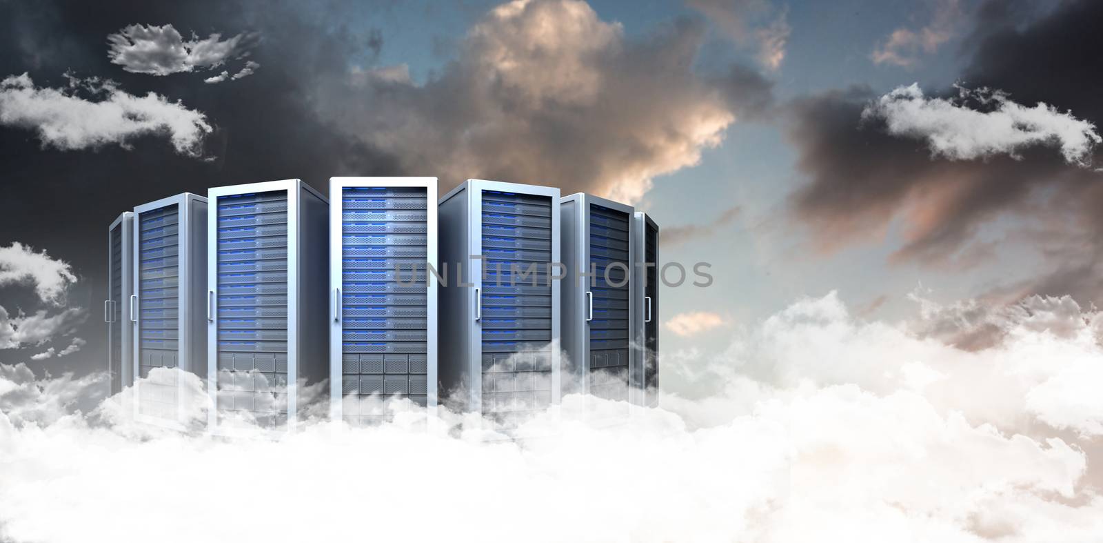 Server towers against blue and orange sky with clouds