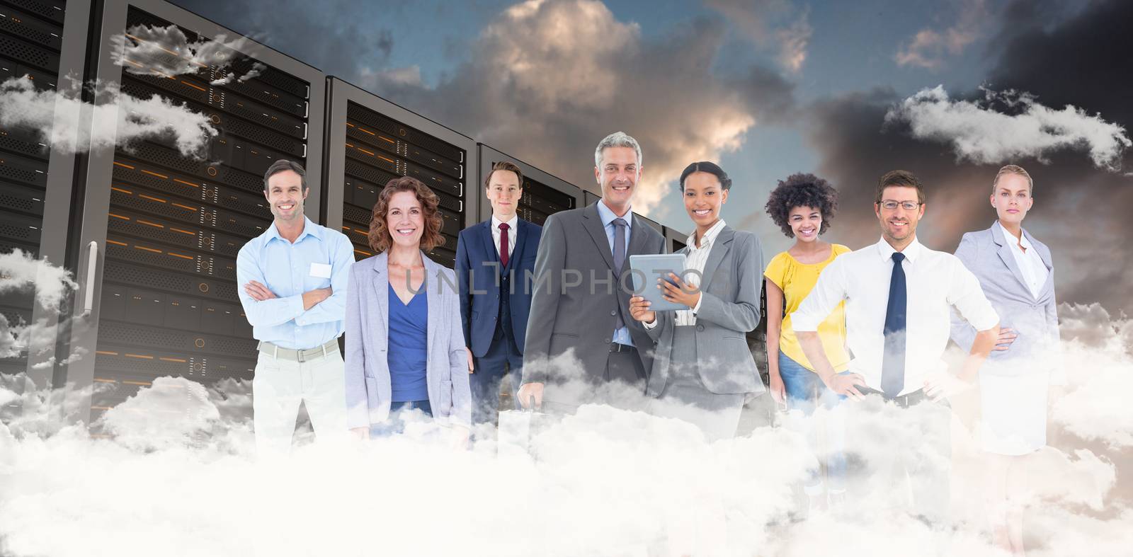Business team against blue and orange sky with clouds