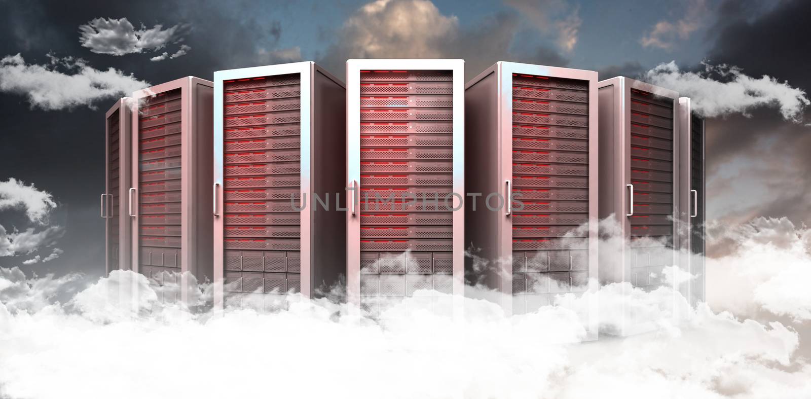 Server towers against blue and orange sky with clouds