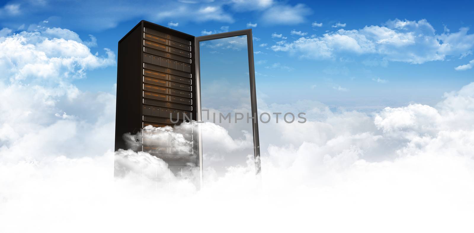 Server Tower against bright blue sky with clouds
