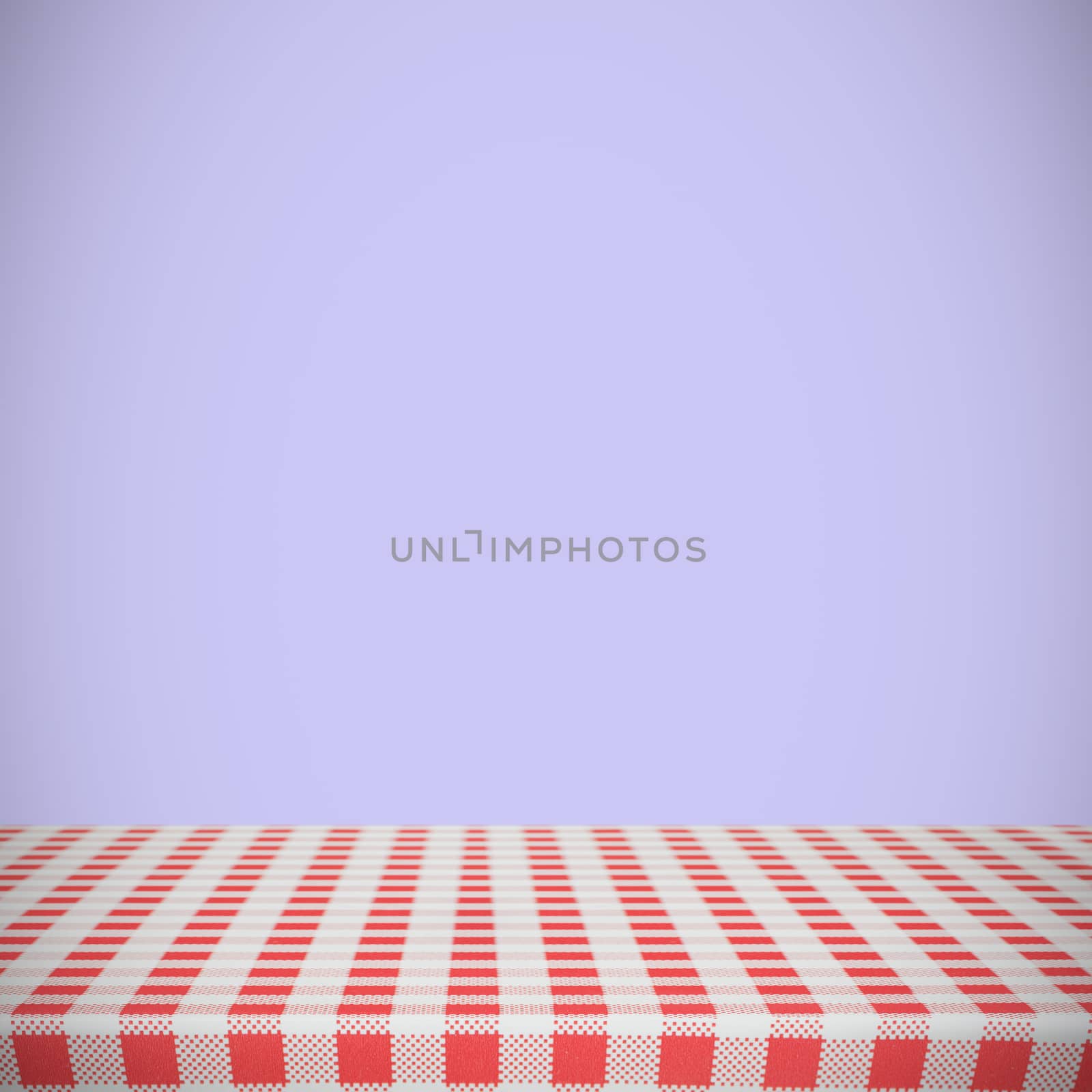 Red and white tablecloth against purple background