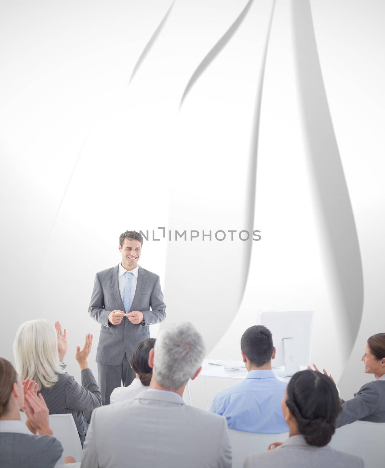 Businessman doing speech during meeting  against white wave design