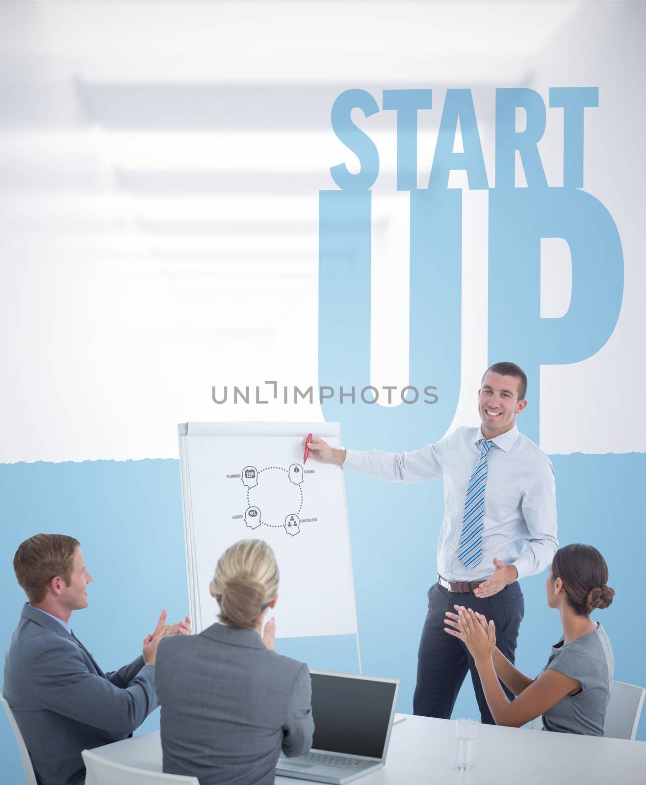 Manager presenting whiteboard to his colleagues against start up