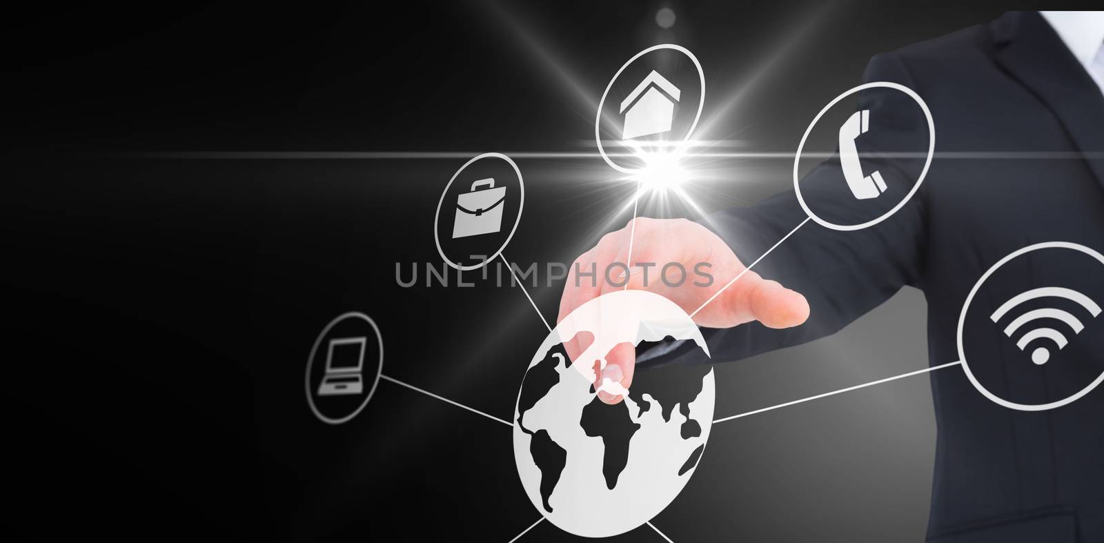 Businessman in suit pointing his finger against connected world