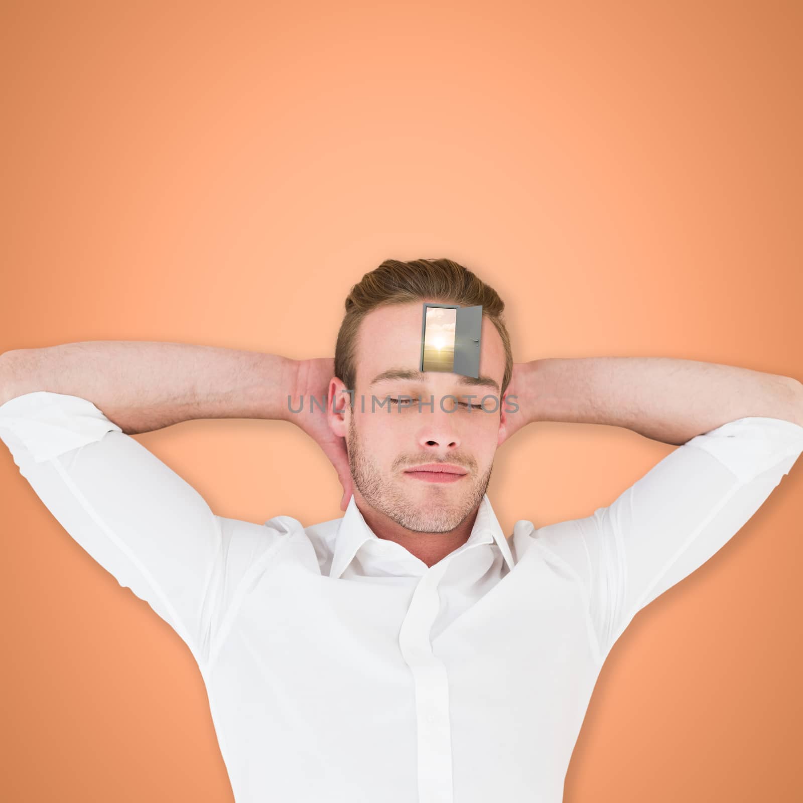 Overhead view of sleeping man with hands behind head  against orange background