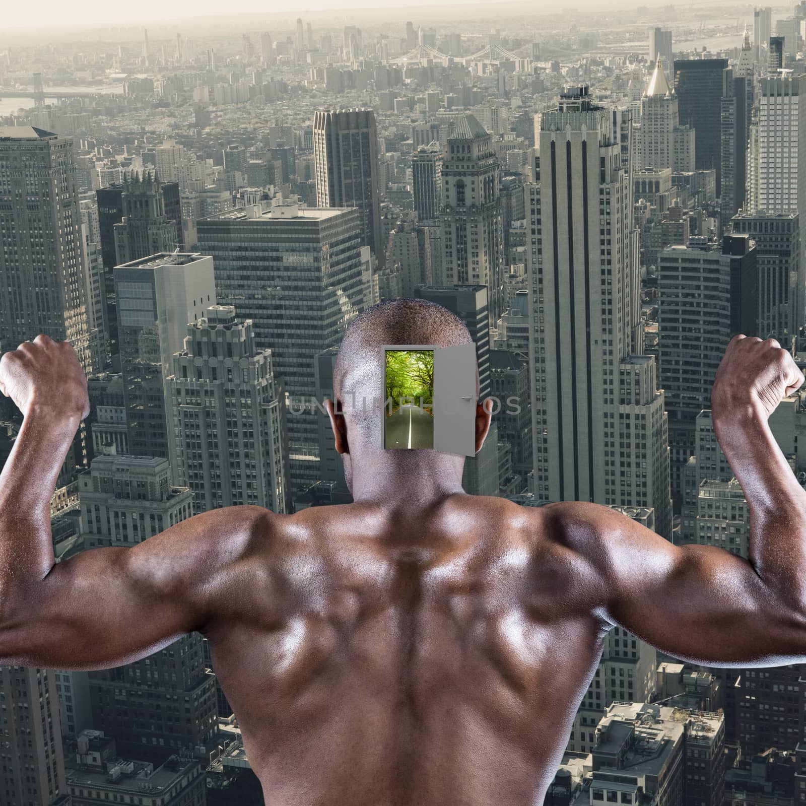 Rear view of muscular athlete posing against view of cityscape
