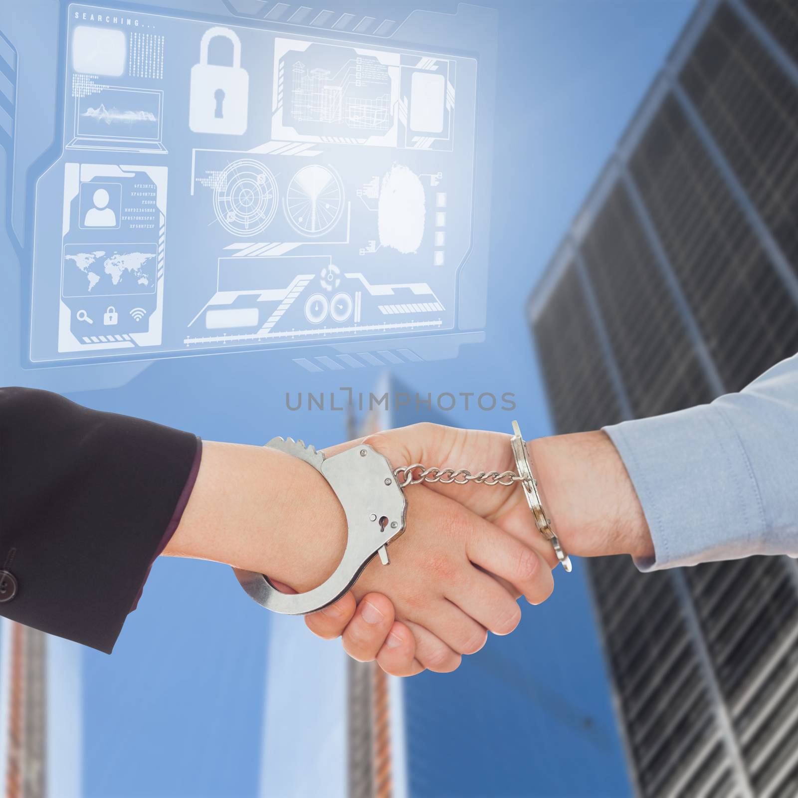 Business people in handcuffs shaking hands against skyscrapers