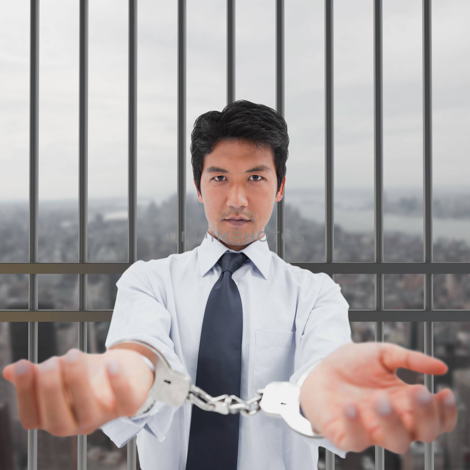 Businessman with handcuffs against new york