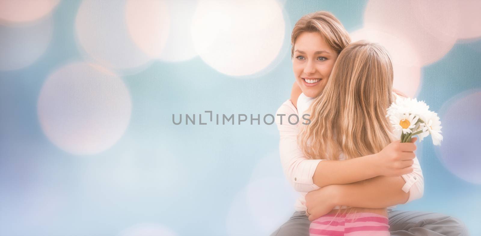 Background of colors against mother and daughter hugging with flowers