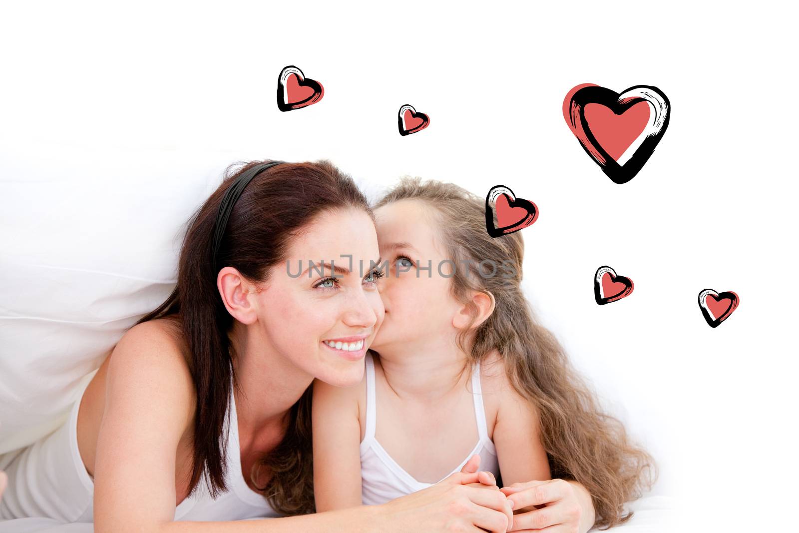 Red Hearts against adorable little girl kissing her mother