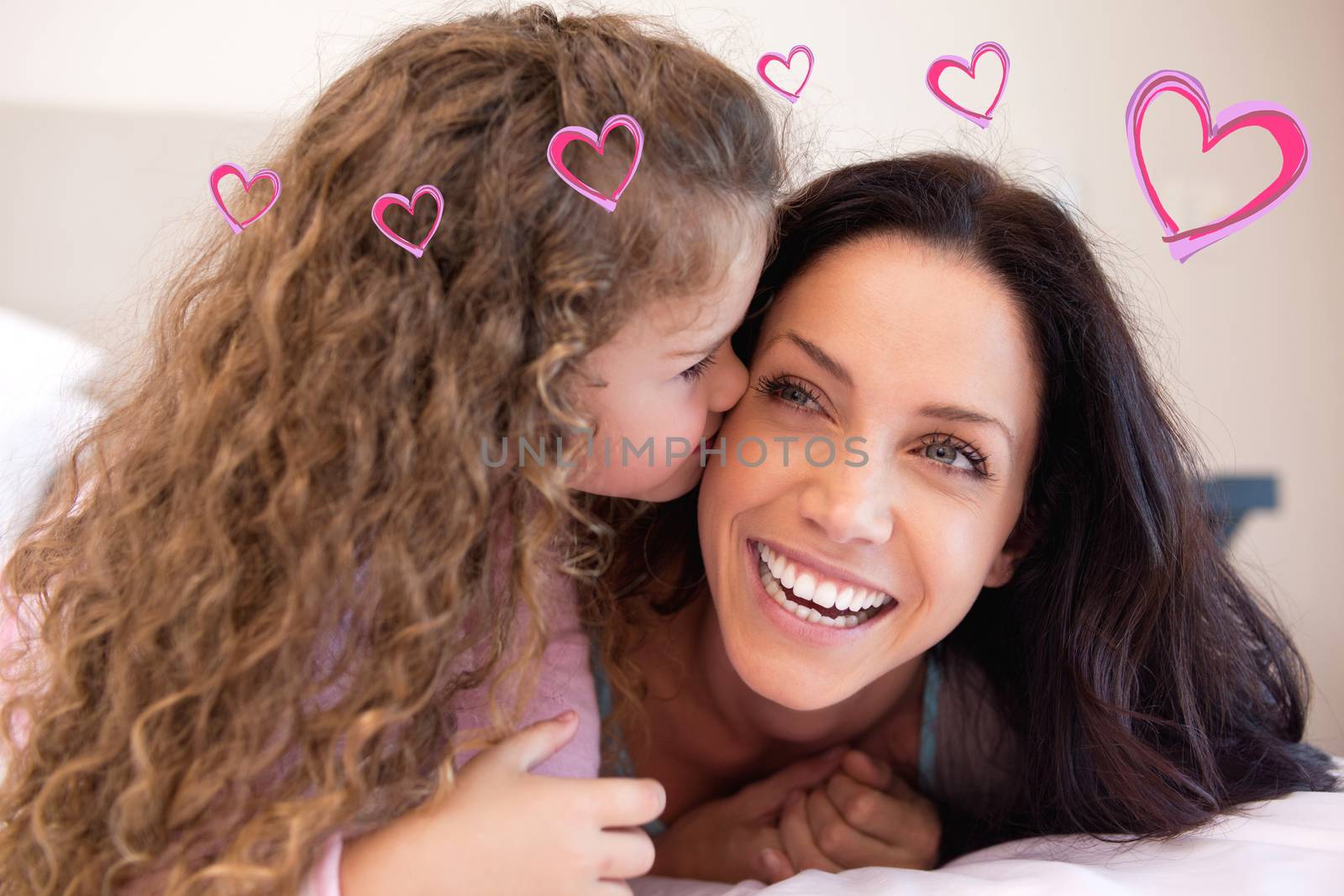 Red Hearts against daughter giving her mother a kiss on the cheek