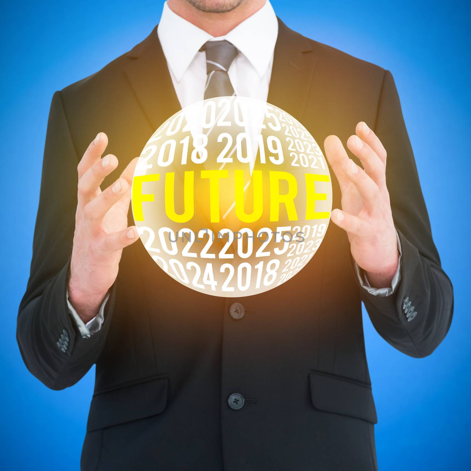 Businessman gesturing with his hands against blue background digitally generated blue design background