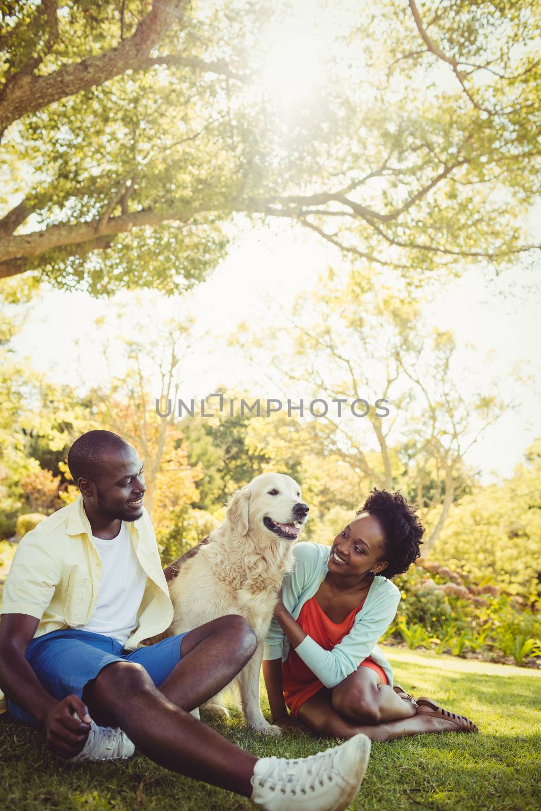 Couple posing with a dog at park 