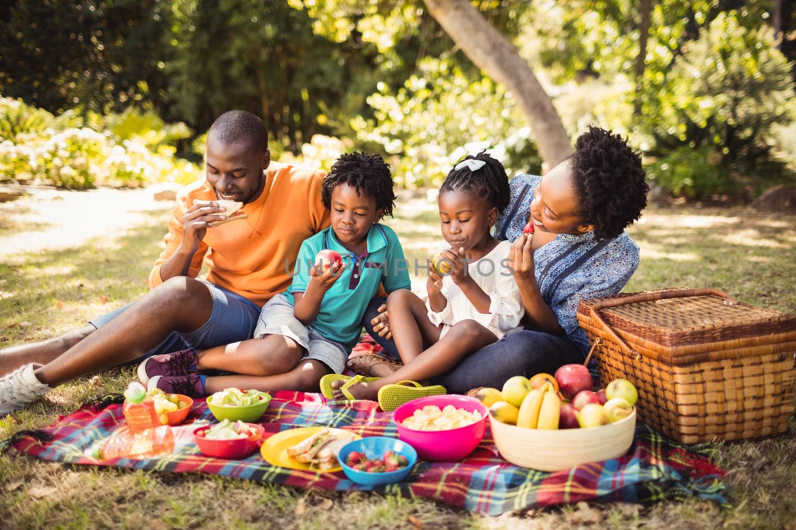 Happy family eating together at park