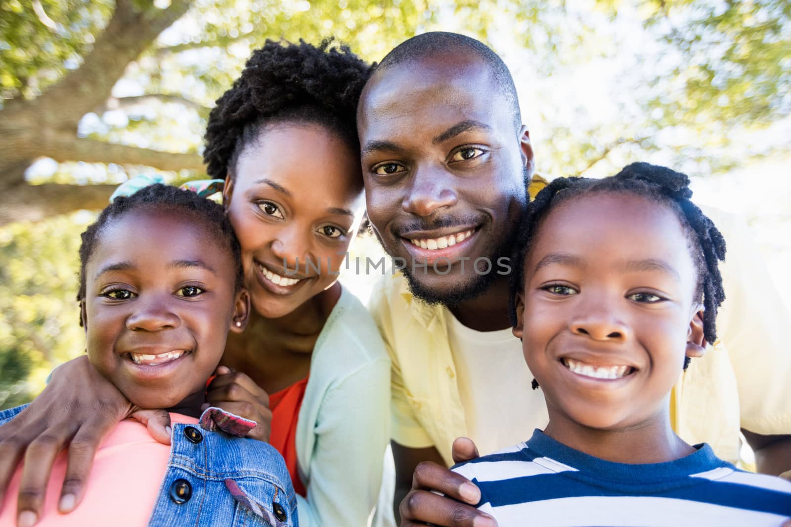 Happy family posing together at park