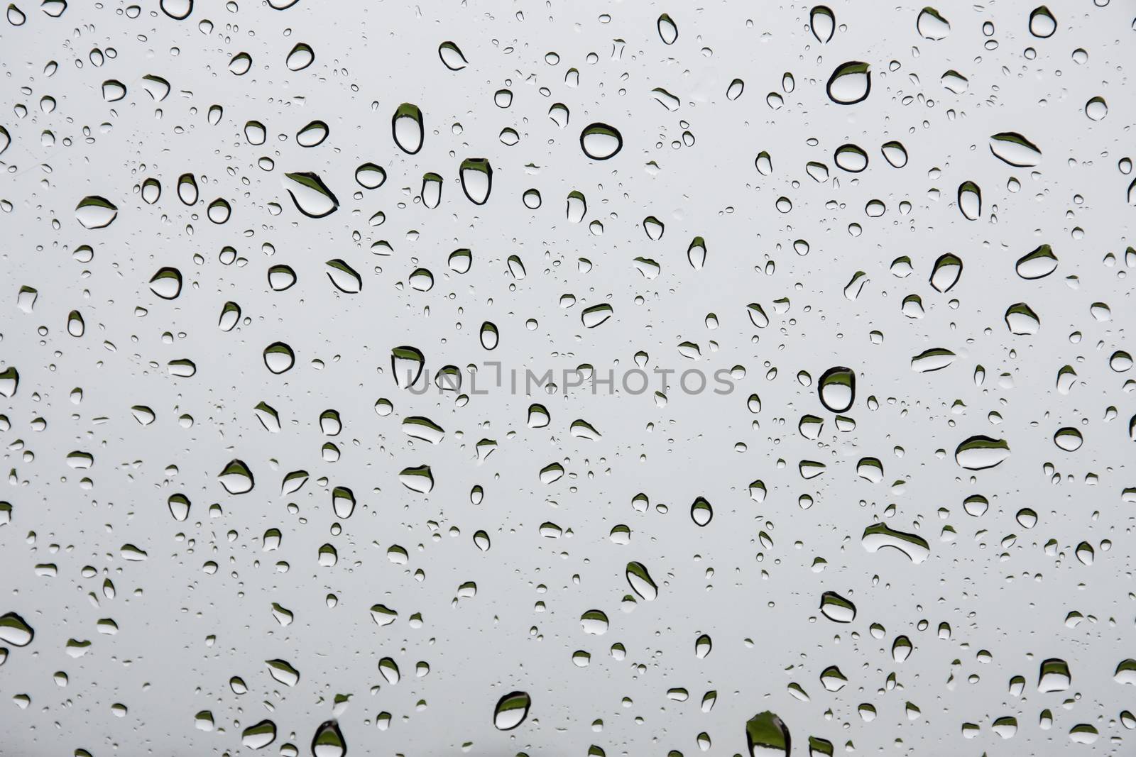 Water background with water droplets on glass, gray-white backdrop